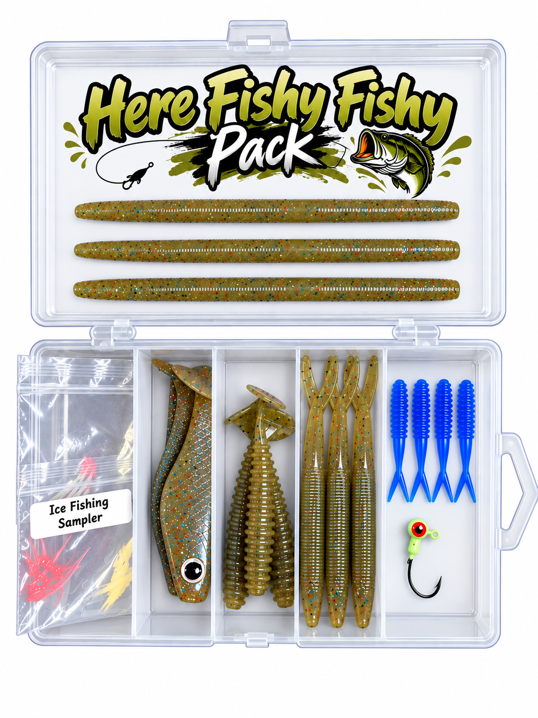 READY, SET, FISH! Starter Pack – Handmade Soft Plastic Fishing Lures, Limited Edition Mossy Green, Freshwater & Saltwater Baits, Tackle Box, Jig Head & Ice Fishing Sampler