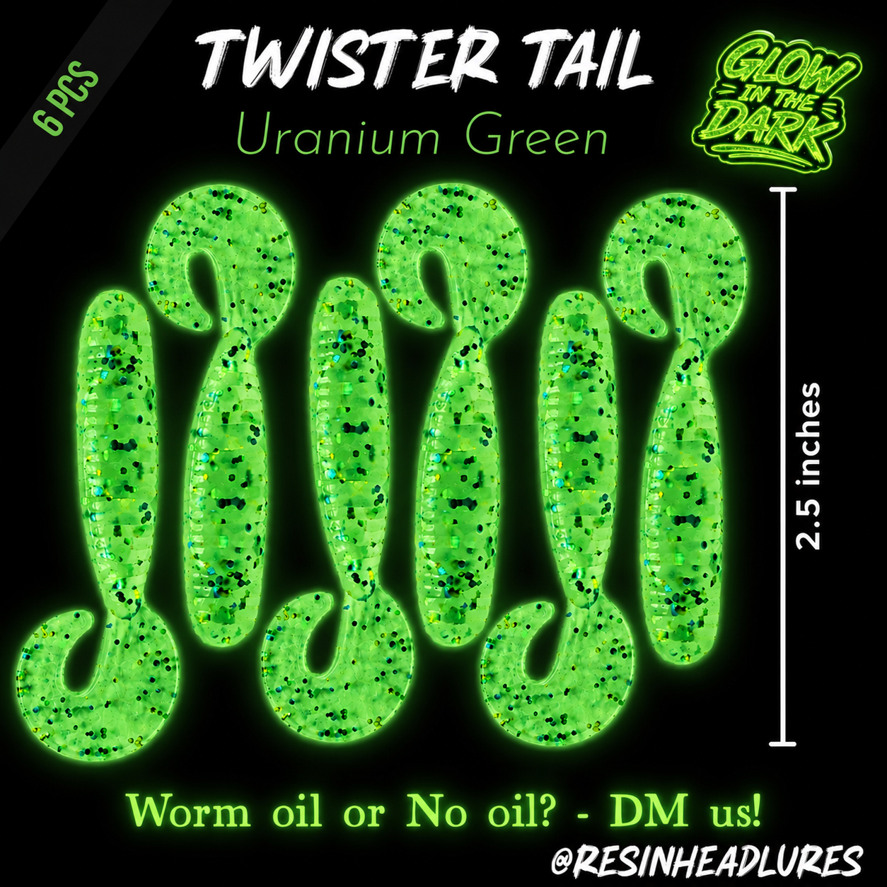 Handmade GLOW IN THE DARK Twister Tails (2.5”), 6 pieces